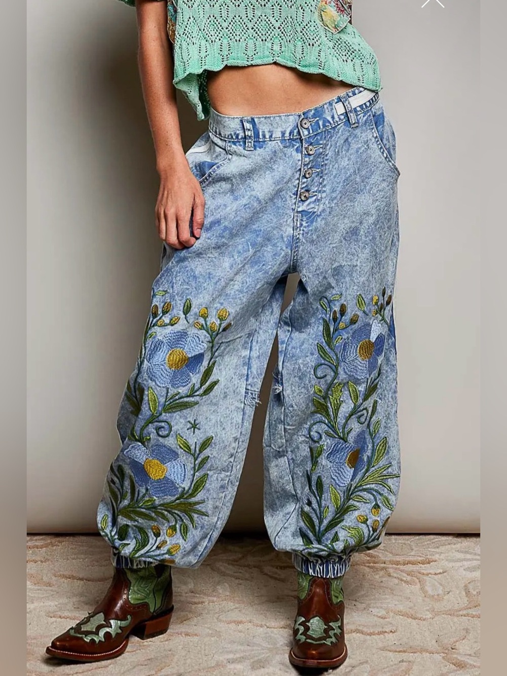 POL blue denim embroidered patchwork bohemian floral pants jeans joggers